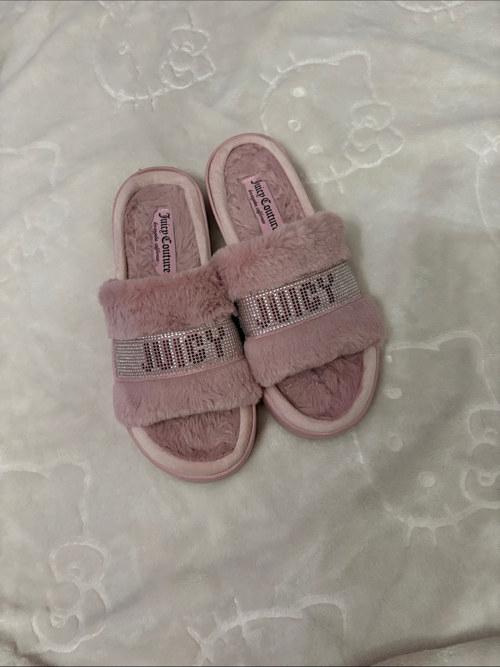 Juicy Couture Blush Pink Rhinestone Logo Faux Fur Slides